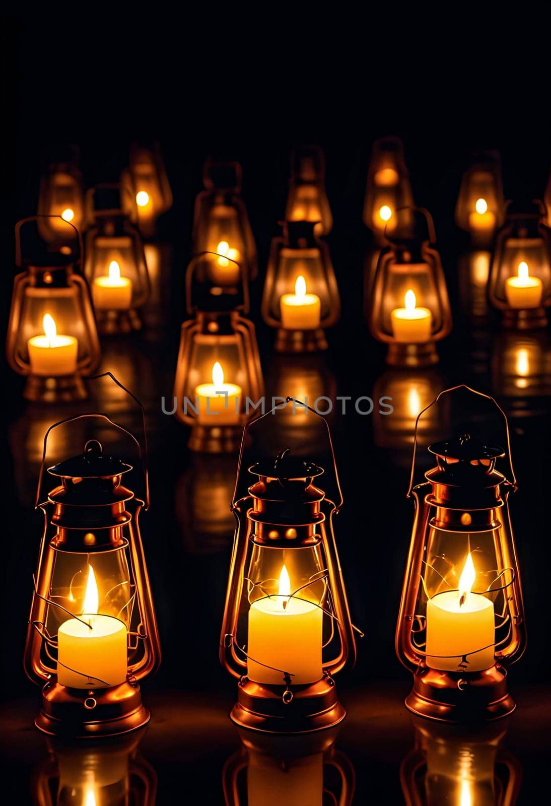 AI generated of many lit candles in a row on a black background