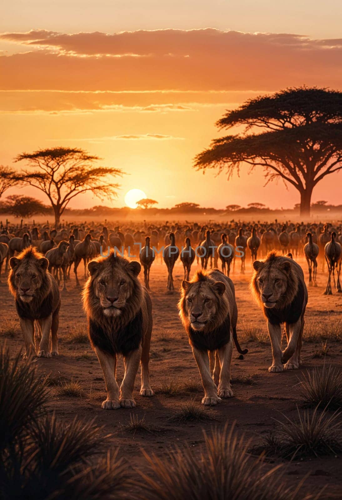 AI generated of a group of lions are walking in front of a herd of wildebeest in the savannah at sunset