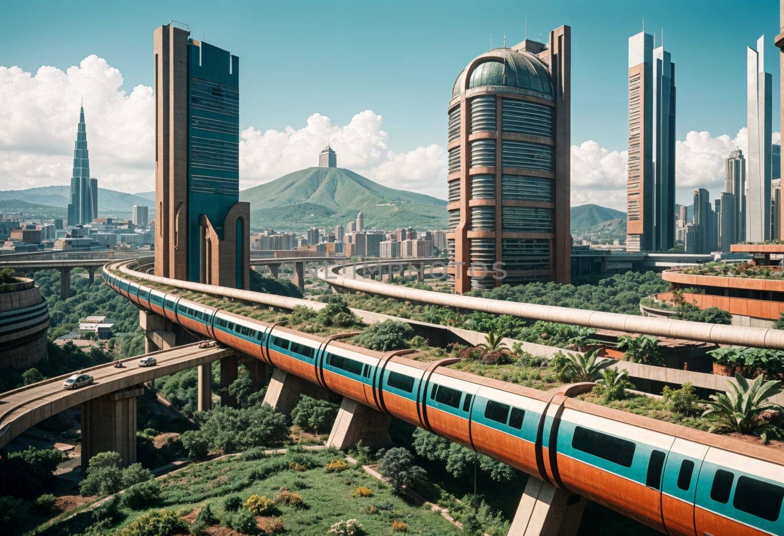 AI generated of a train that is going over a bridge with a futuristic city in the background