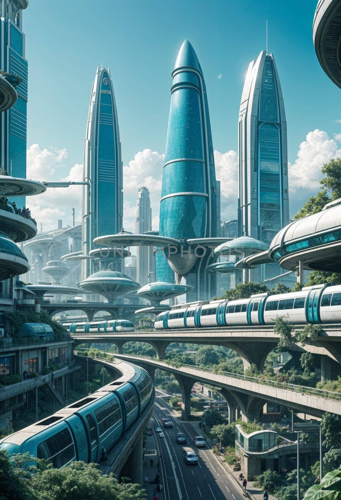 AI generated of a futuristic city with a futuristic building and a train on the top