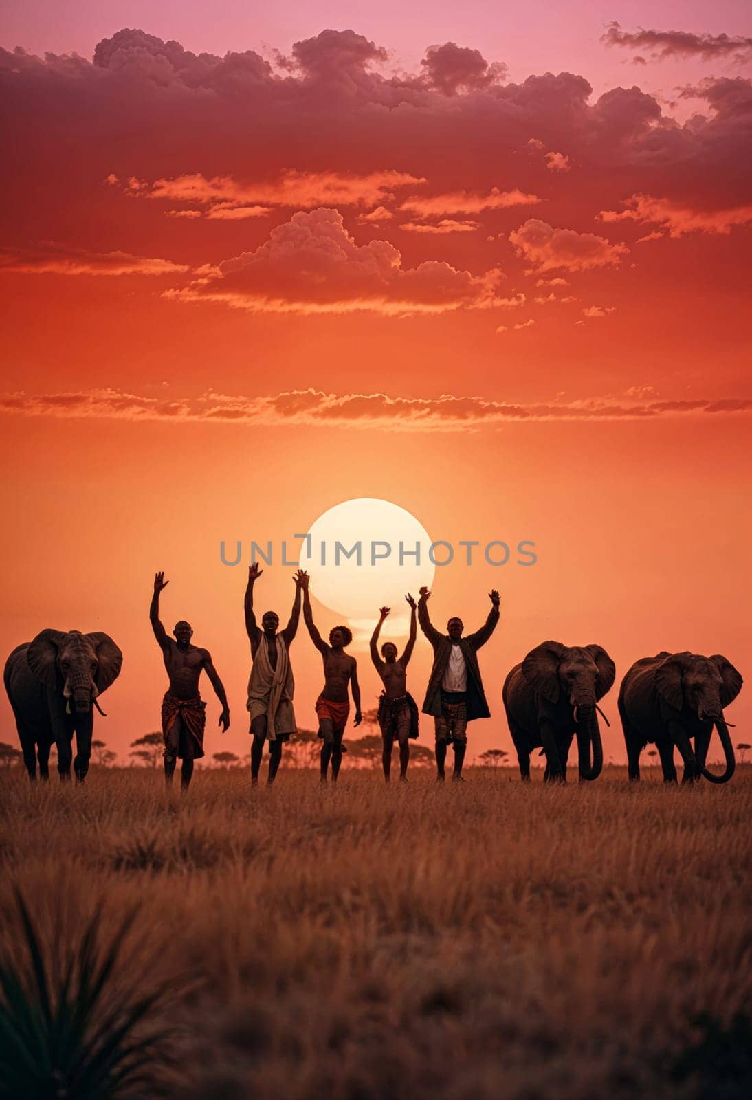 AI generated of a group of people standing in front of elephants at sunset