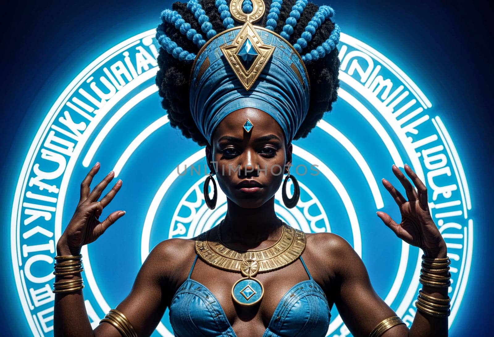 AI generated of the woman is wearing a blue headdress and holding her hands up