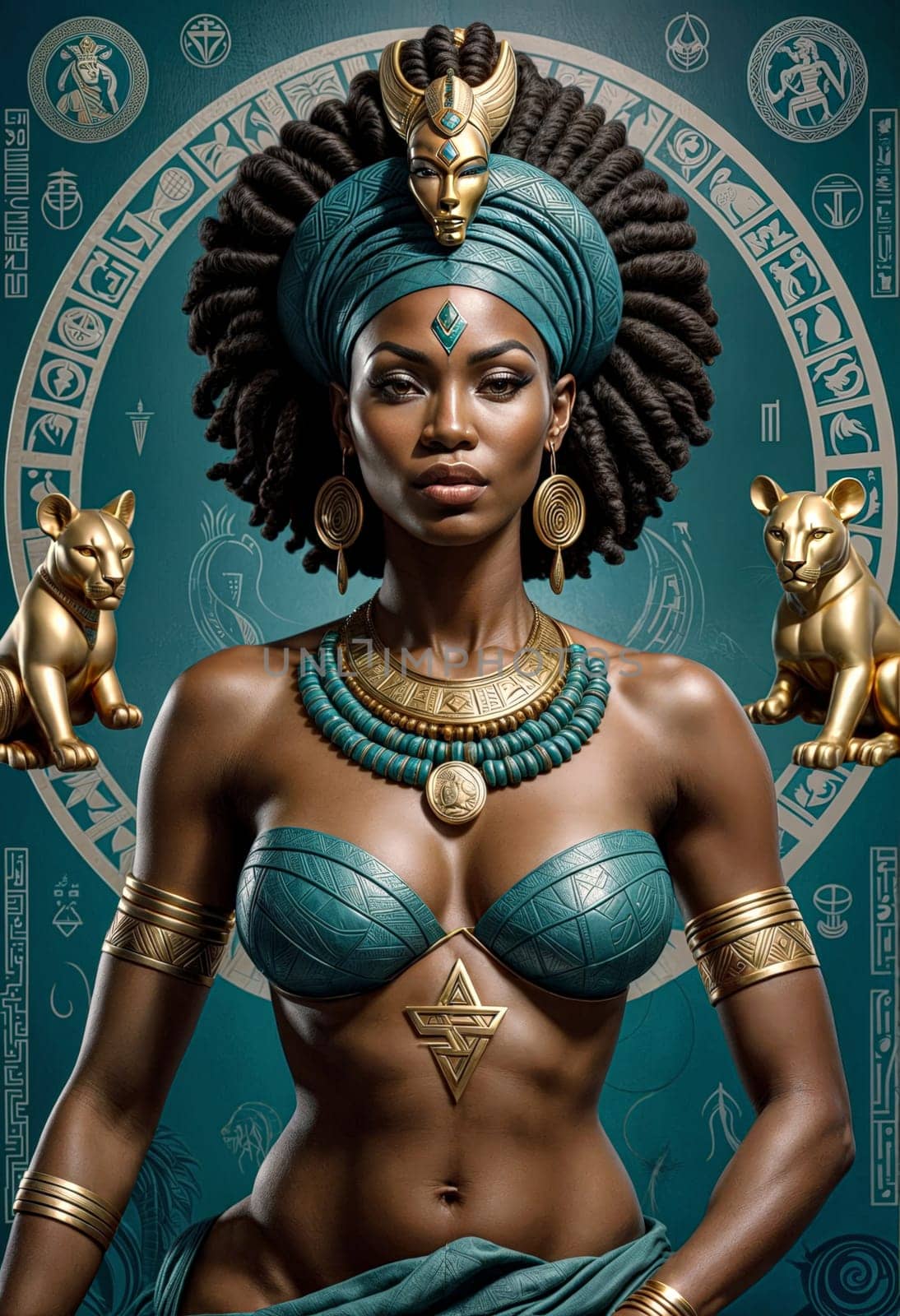AI generated of an african woman with a gold necklace and a turban