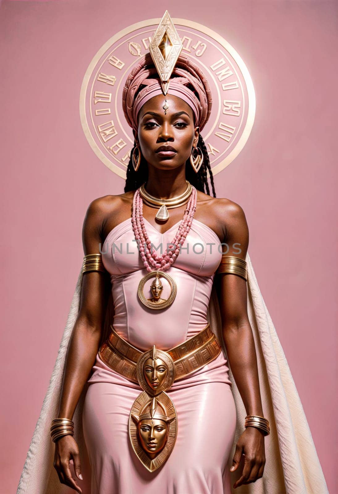 AI generated of a woman in a pink dress and gold jewelry