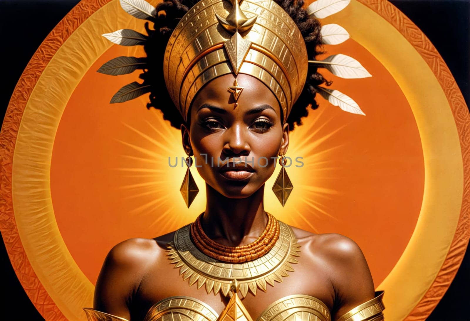 AI generated of an african woman in a gold and orange dress