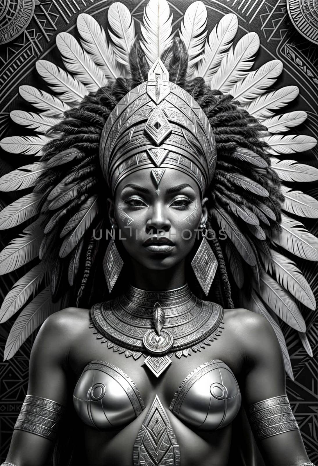 AI generated of a black and white photo of an african woman with feathers