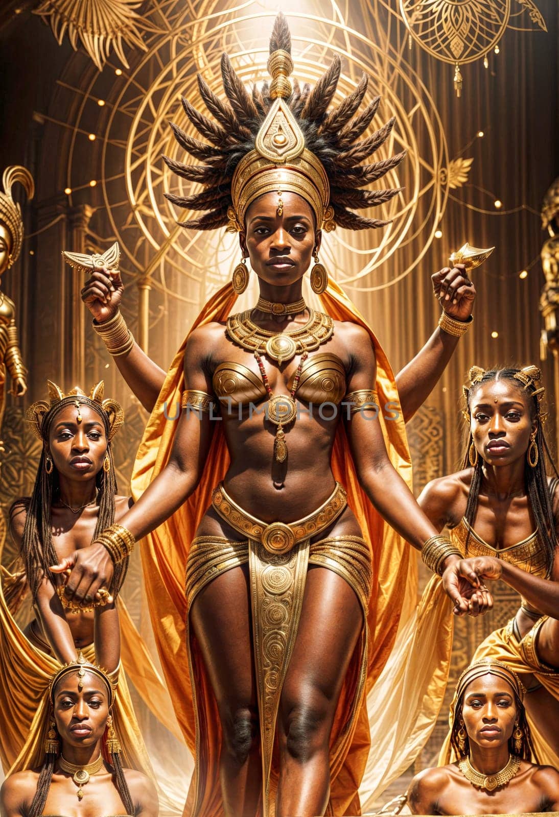 AI generated of a photo of african woman goddess figure with gold costumes standing in front of her throne
