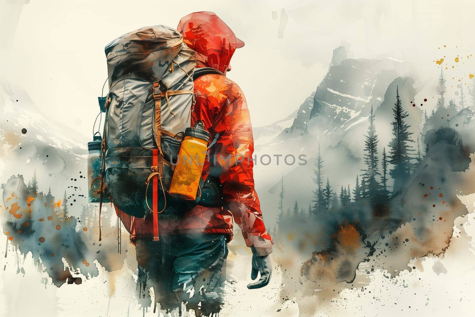 Backpacker hiking in the snow covered mountains, travel and wanderlust concept, lifestyle young adult, outdoor expedition, watercolor painting