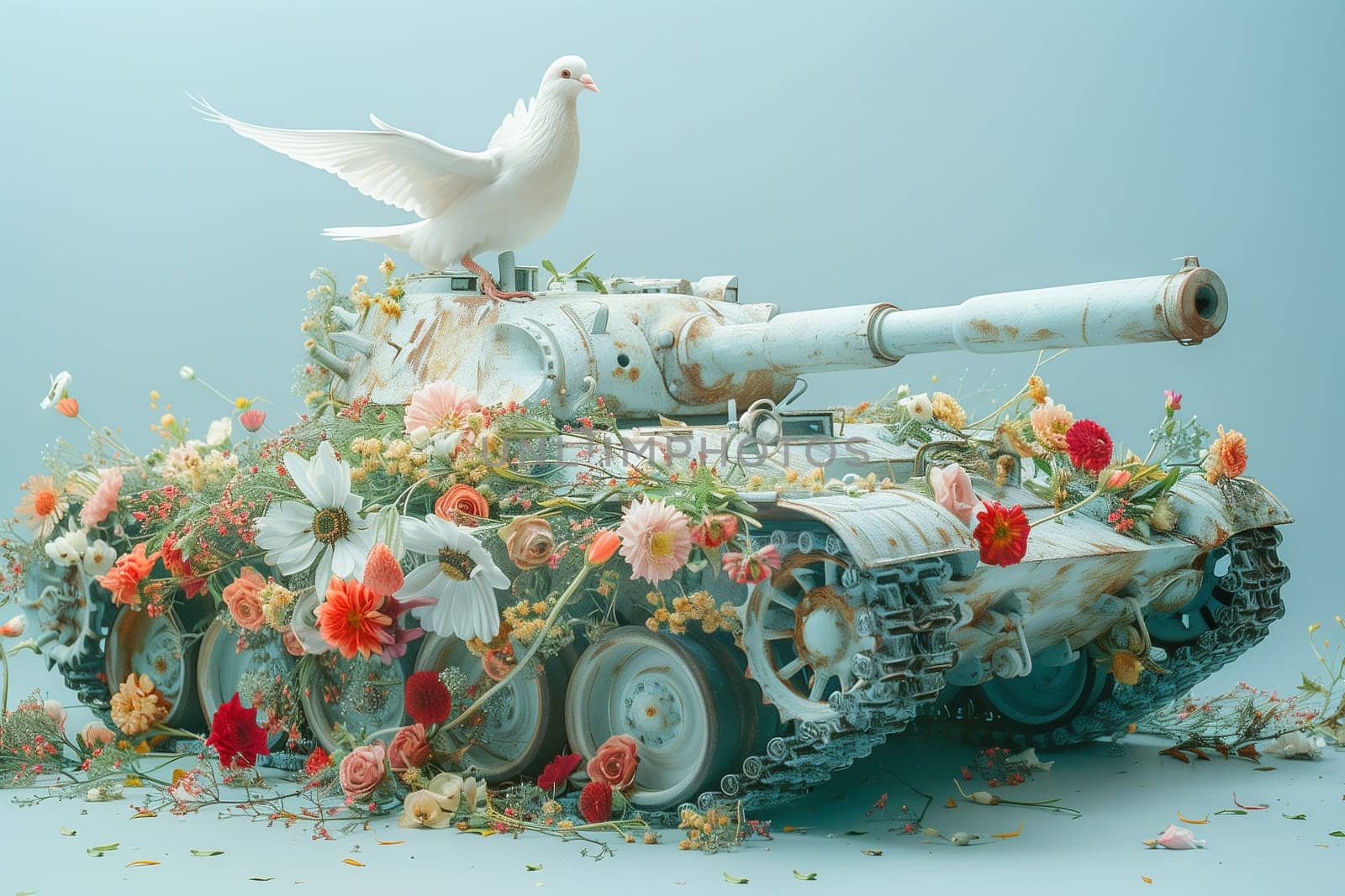 Army tank covered with flowers, dove of peace, ceasefire, end of war, military weapon