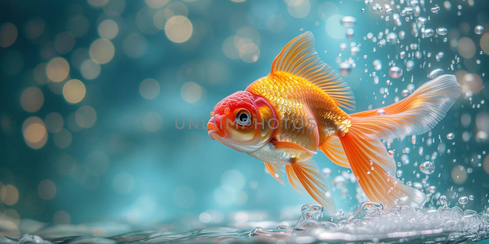 Gold fish swimming in the water, animals of the sea, ecosystem and environment, aquarium with bubbles and bokeh lights