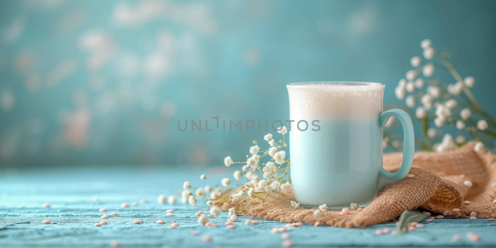 Cup with hot or cold milk, tea or coffee, drink for breakfast, take a break, drinking a delicious beverage, blue rustic wood background
