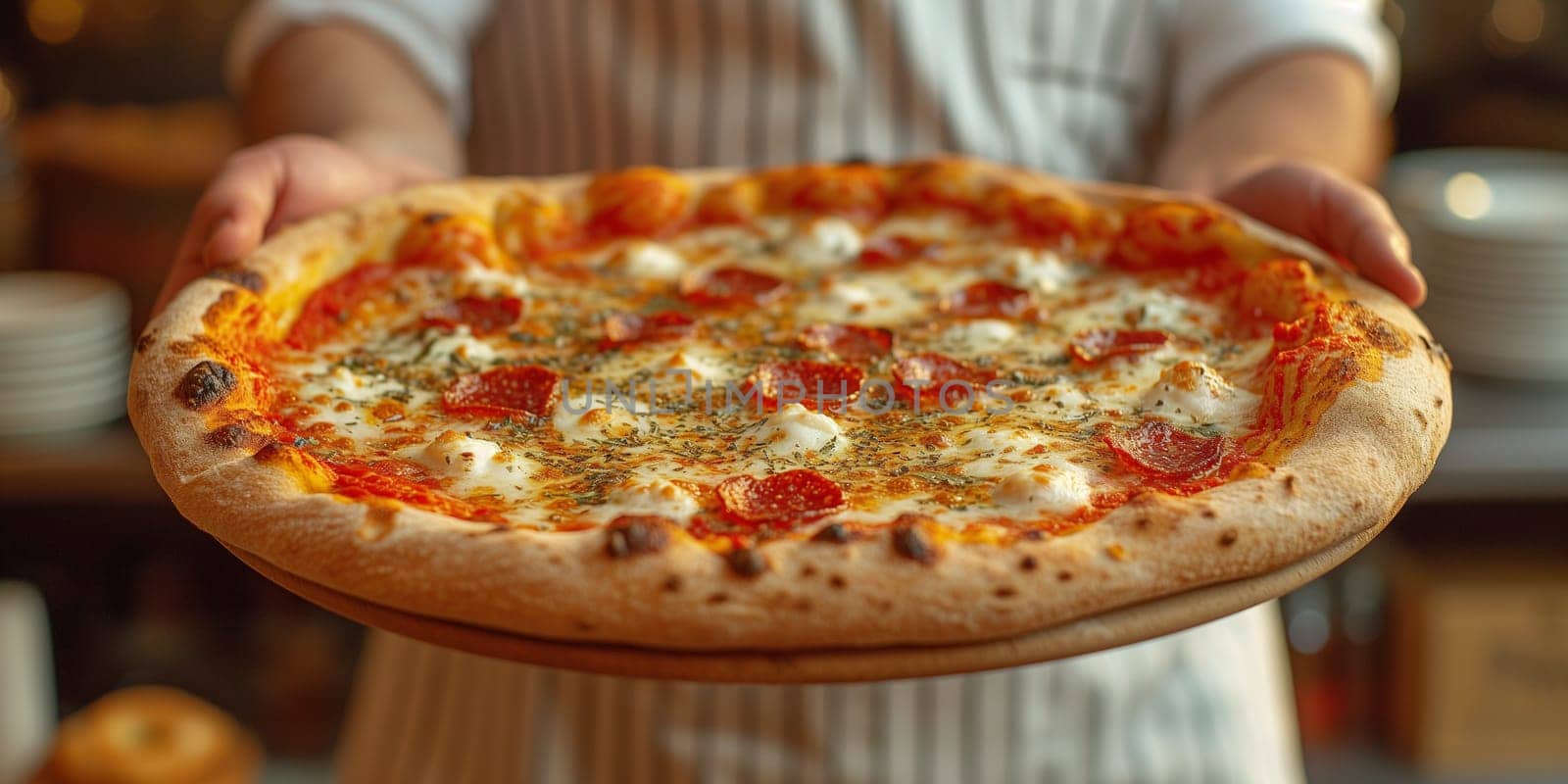 Chef baker holding italian pizza with tomato sauce, cheese, olives and fresh herbs, mediterranean food at a restaurant in Italy