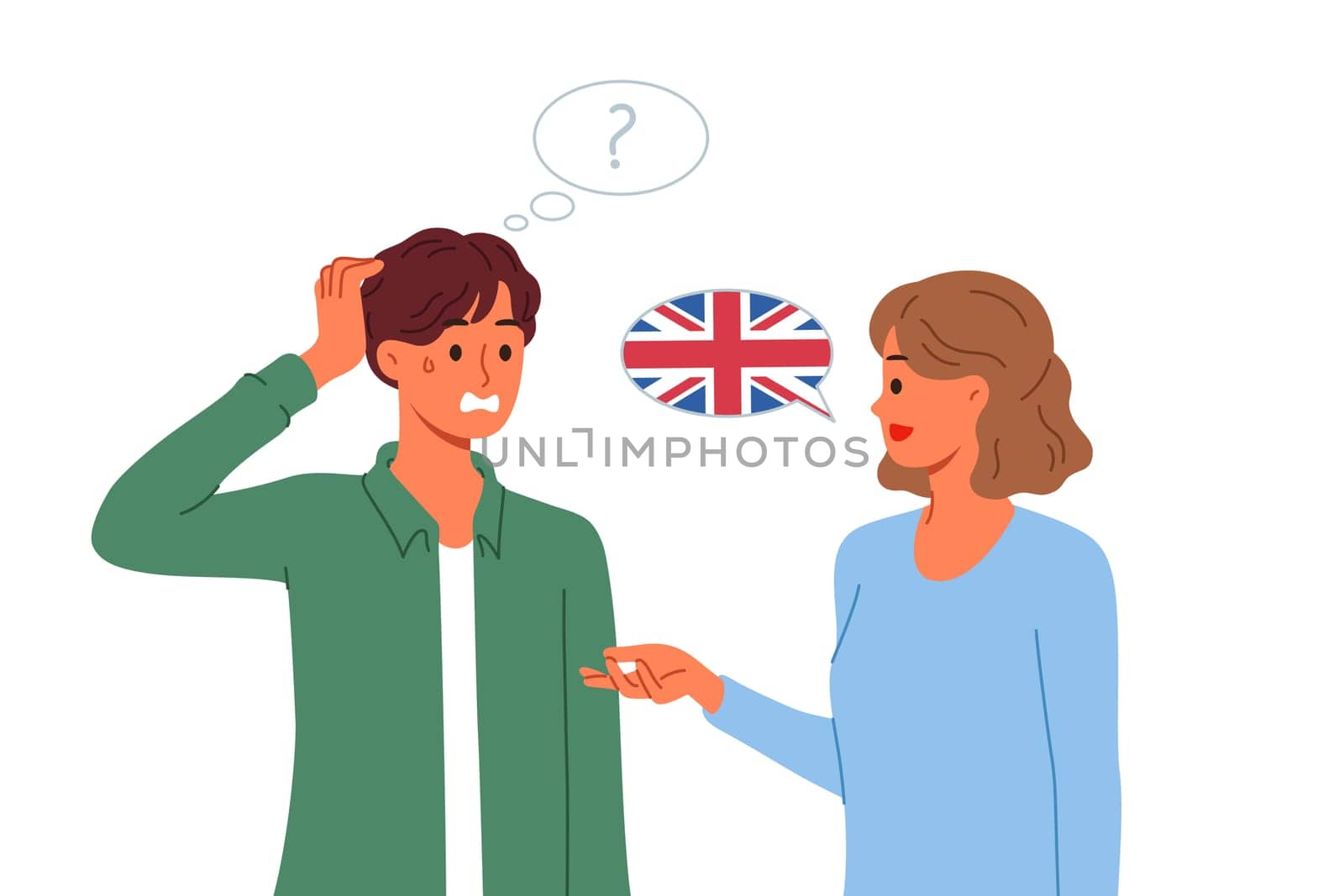Language barrier for native english speakers from uk and us who have problems communicating. Man does not understand woman from england due to presence of language barrier and strong accent