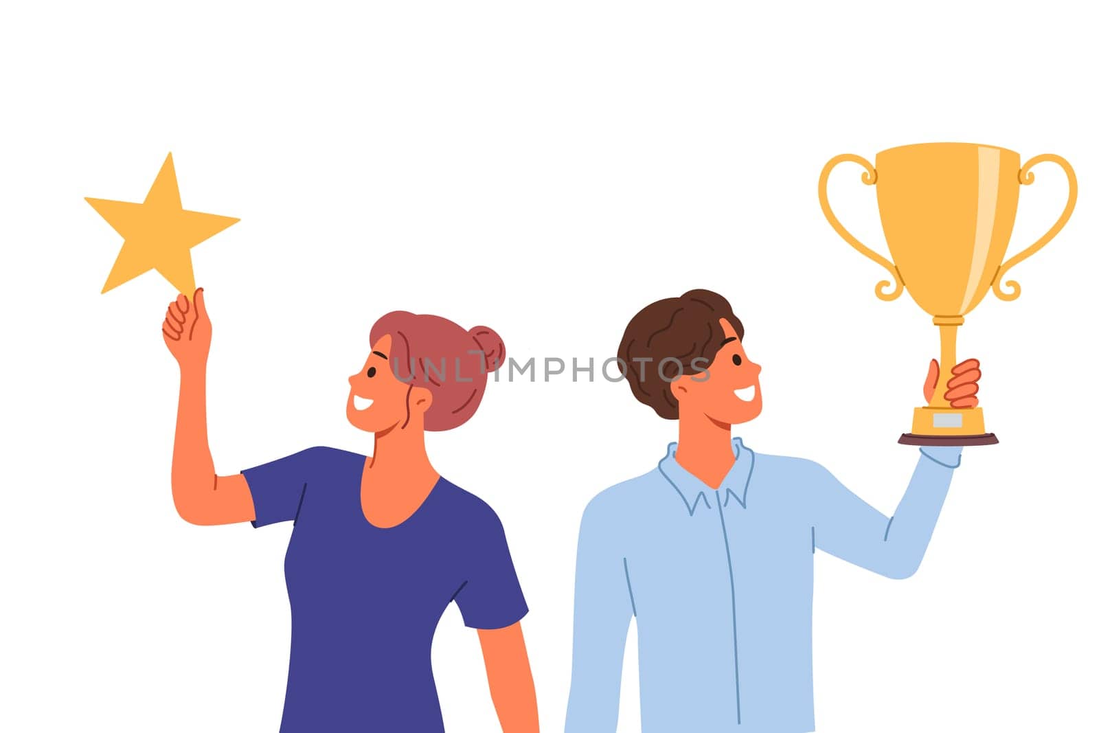Successful business man and woman have become winners of competition among company managers and holding trophies. Winners hold gold cup and star in hands, symbolizing achievements on career ladder