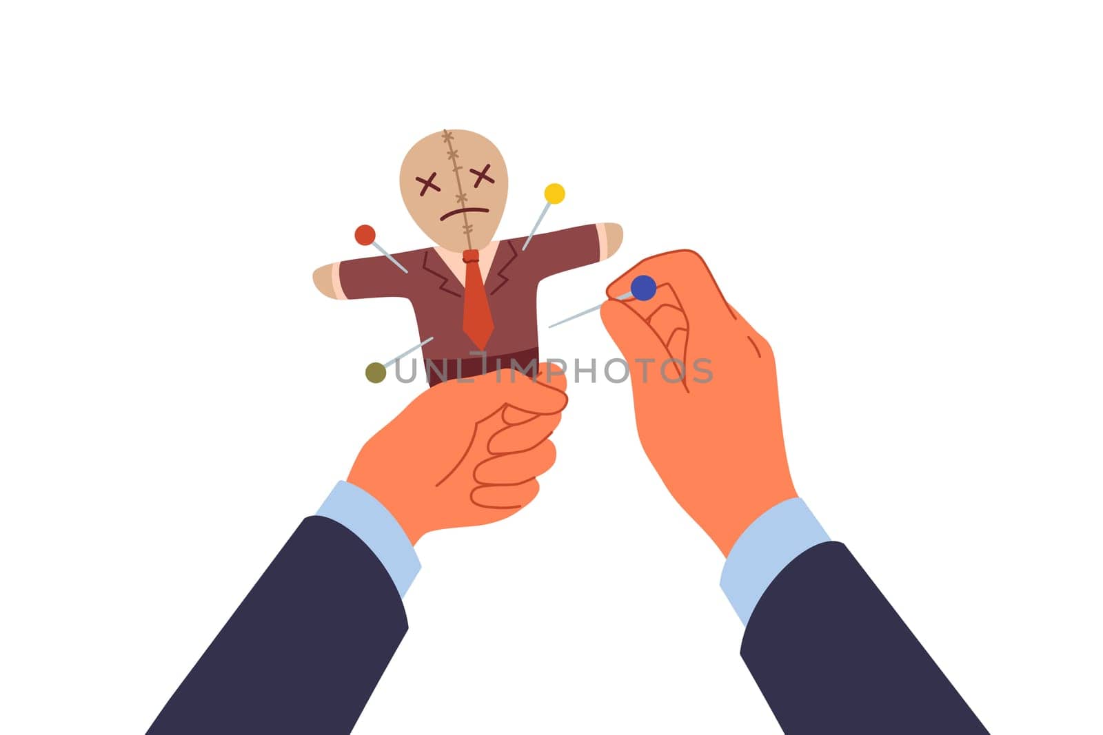 Voodoo doll in hands of business man who uses black magic and pagan curses for unfair competition. Vindictive guy pierces voodoo doll with needles, wanting to make enemy or competitor suffer