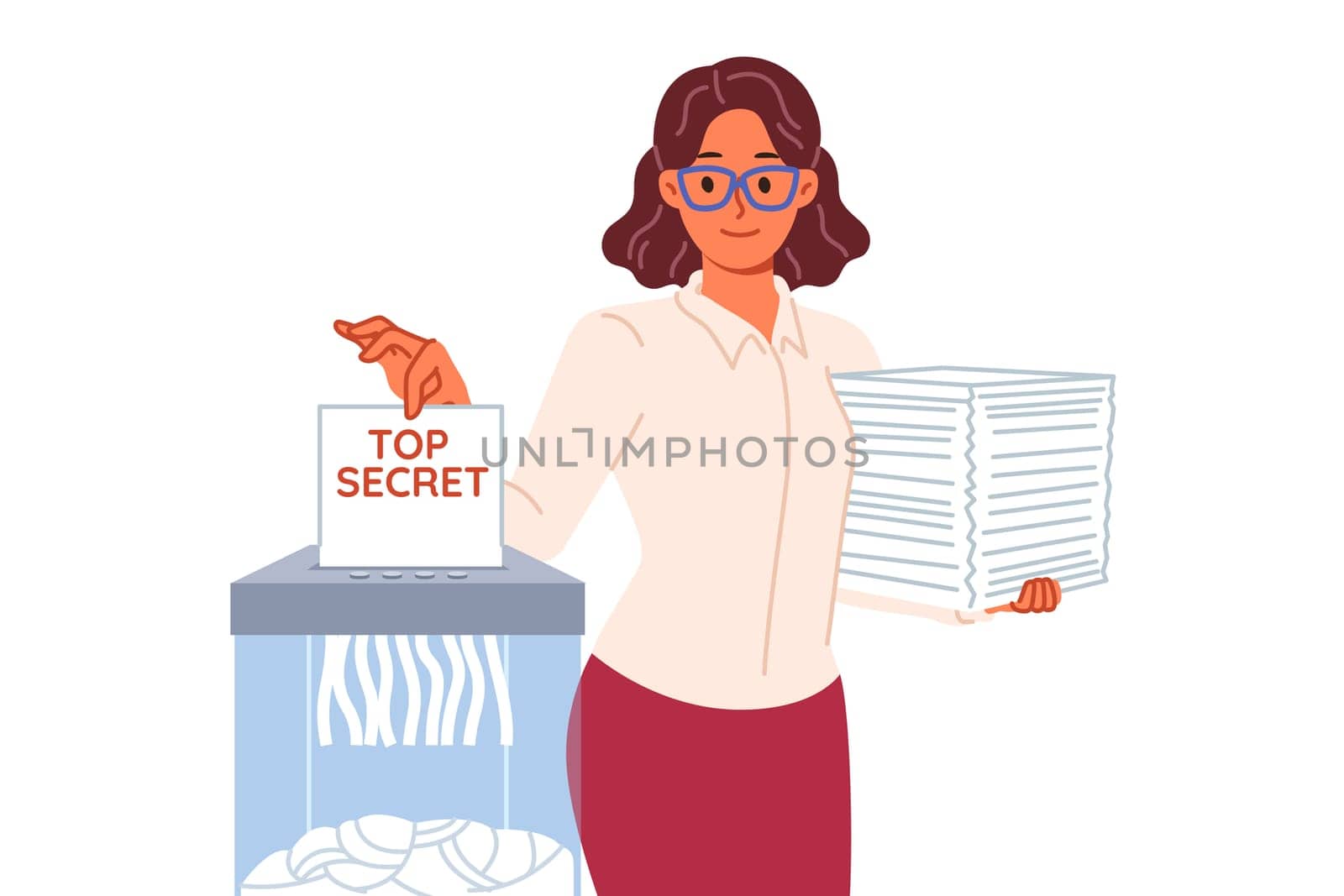 Woman shreds classified documents using shredder to destroy confidential and sensitive information. Lady politician uses shredder to hide data proving crime or ineffective work of parliament