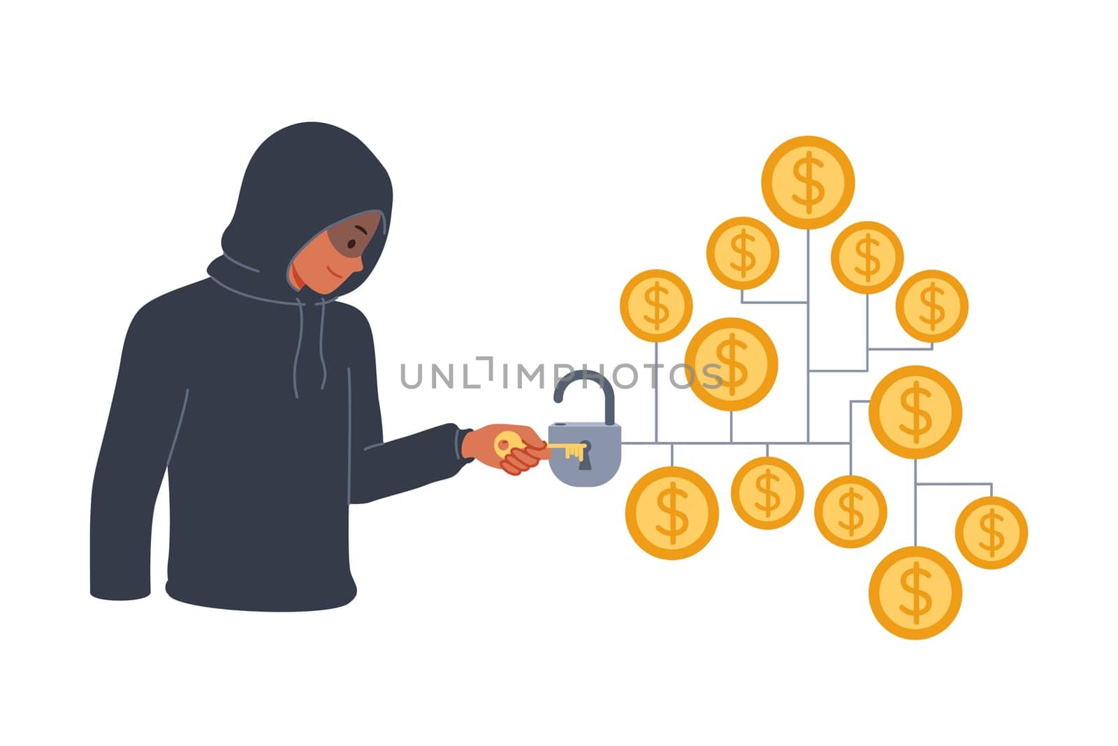Man hacker hacks crypto vault with money to steal funds from blockchain wallet with gold coins. Hacker uses key to gain access to digital depository with bank depositors cash savings