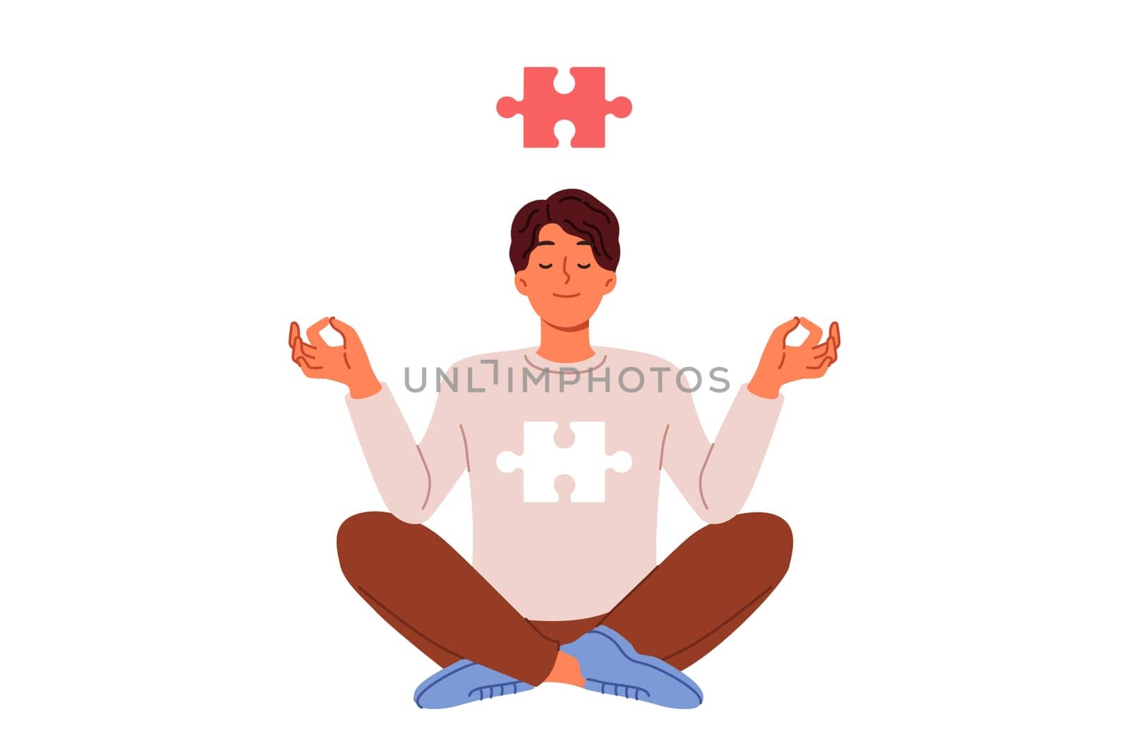 Man meditates sitting in lotus position and feels synchronization of soul in form of puzzle and cosmos thanks to yoga. Guy is interested in zen buddhism and meditation to achieve mental harmony