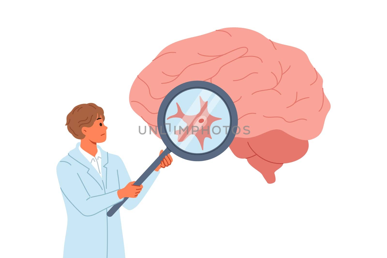 Neurosurgeon doctor examines patient large brain for signs of malignancy or alzheimer symptoms. Magnifying glass in hands of physician diagnosing dementia during brain examination.