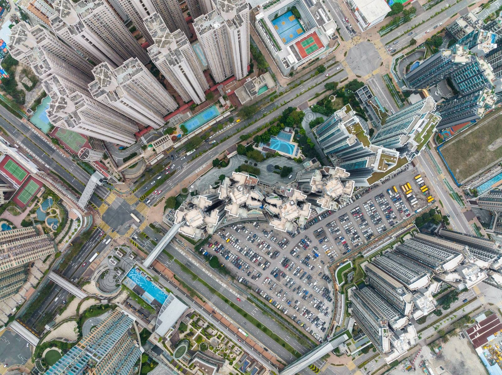 Tseung Kwan O, Hong Kong 09 August 2020: Top view of Hong Kong city