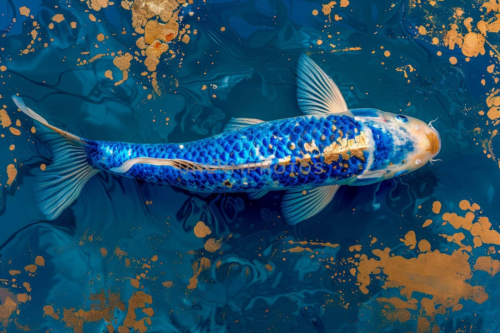 Blue and gold koi fish swimming in a pond. Top view. AI generated