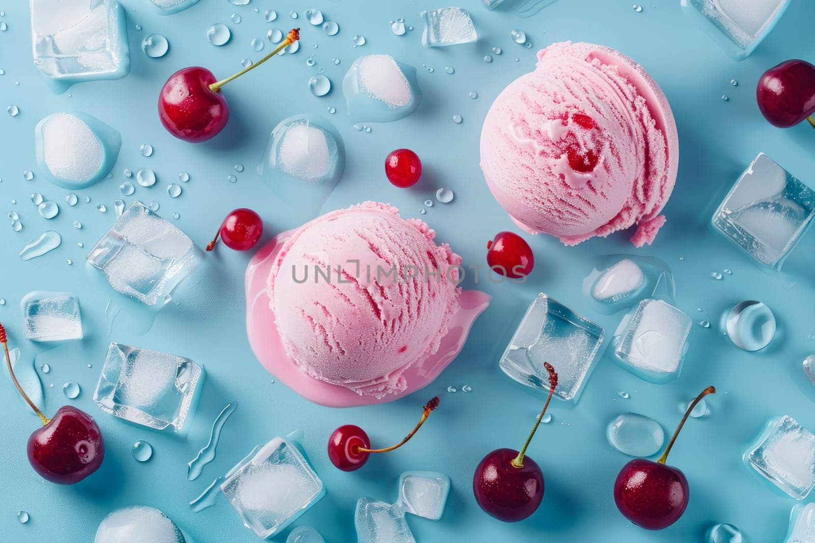 Pink ice cream with cherries and ice cubes on a blue background.Temptation of ice cream. AI generated