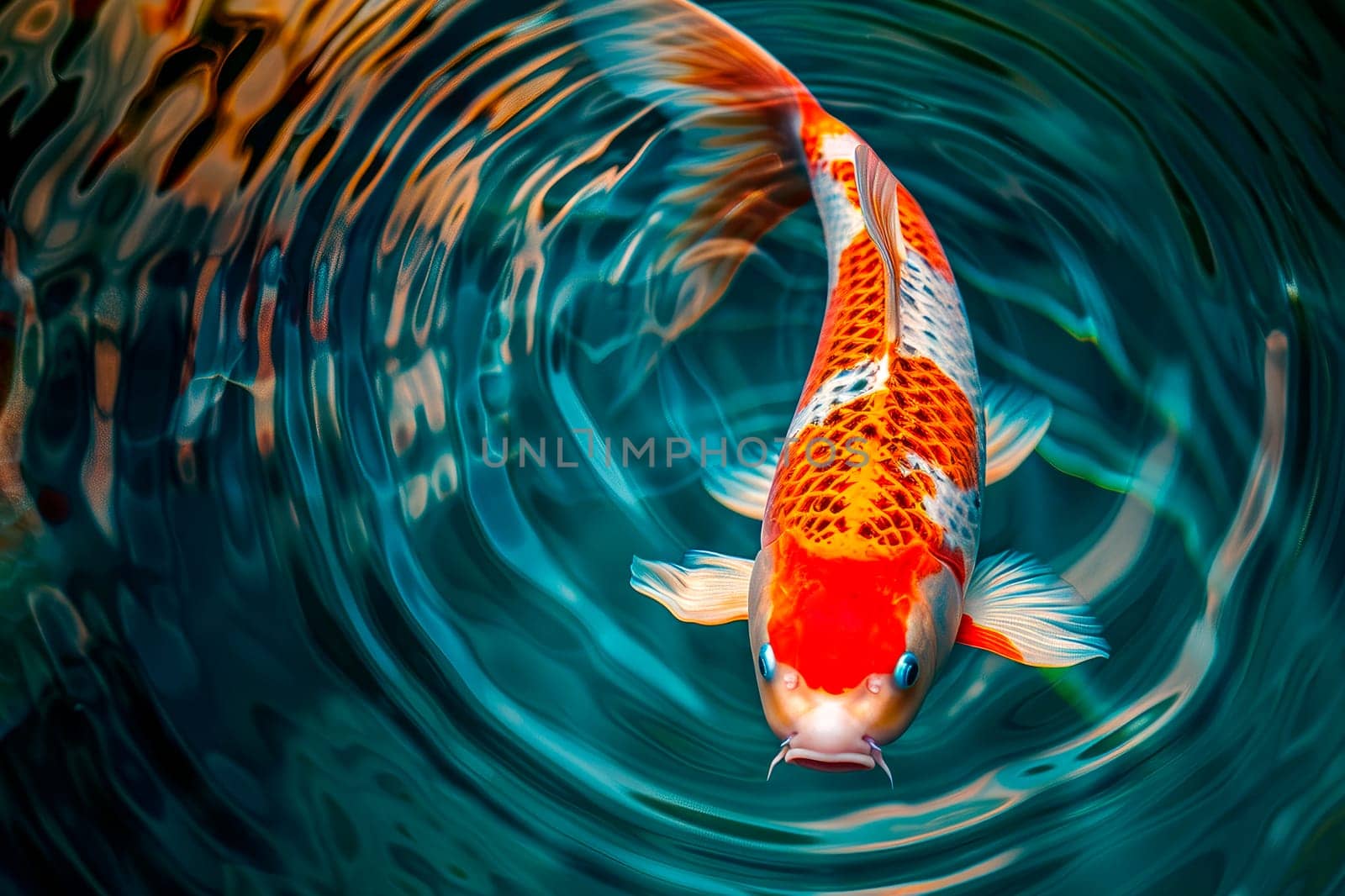Orange koi fish swimming in a pond. Top view. AI generated