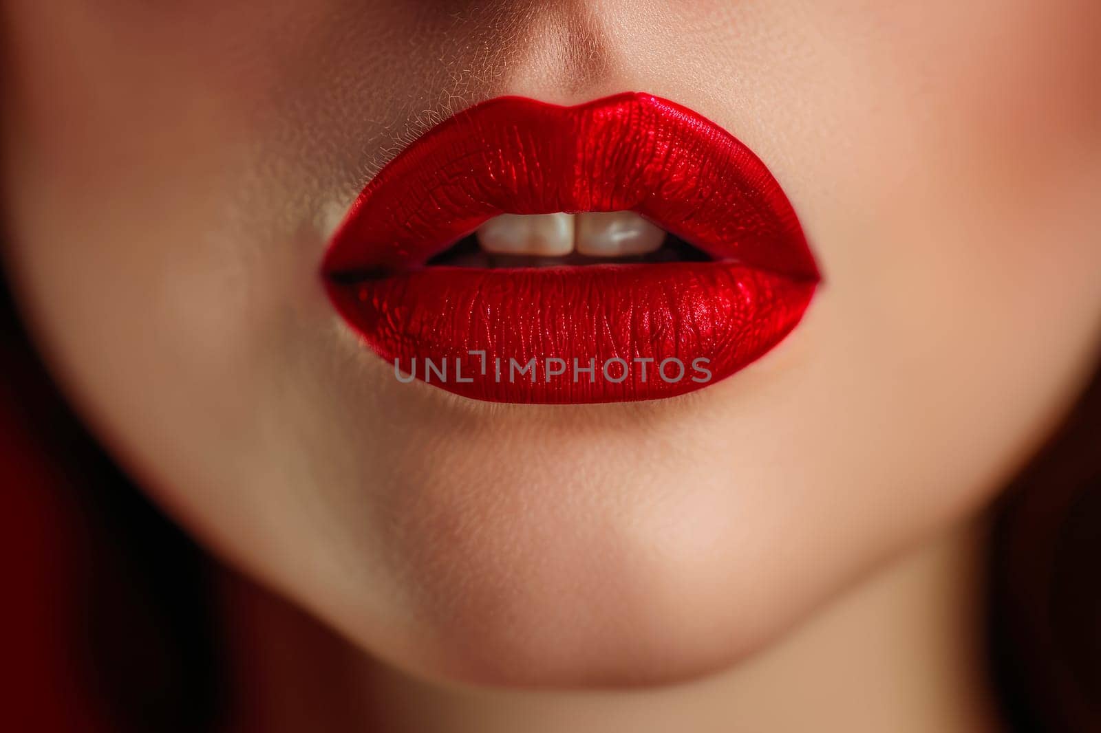 Close up view of beautiful woman lips with red matt lipstick. Passionate kiss. AI generated