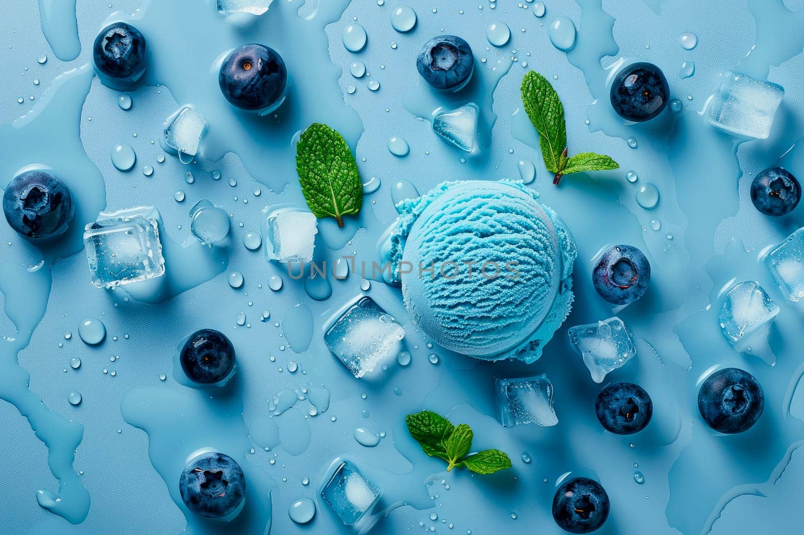 Blue ice cream with blueberries,mint leaves and ice cubes. Temptation of ice cream. AI generated