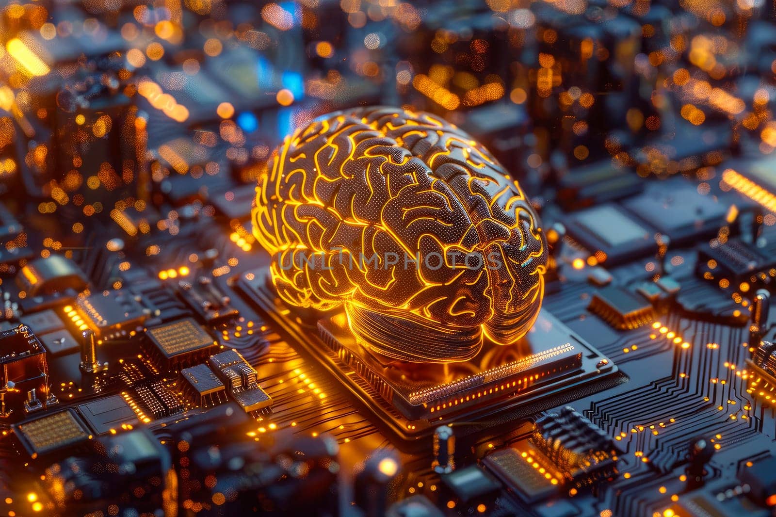 Human brain on top of a circuit board, surrounded by electronic components. AI concept. A futuristic advanced technology and digital elements. AI generated