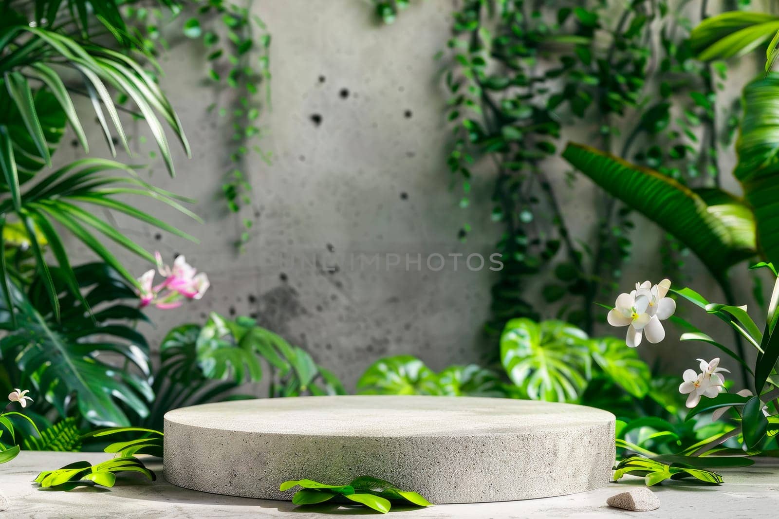 Product presentation with a stone podium set amidst a tropical plants  and flowers. AI generated