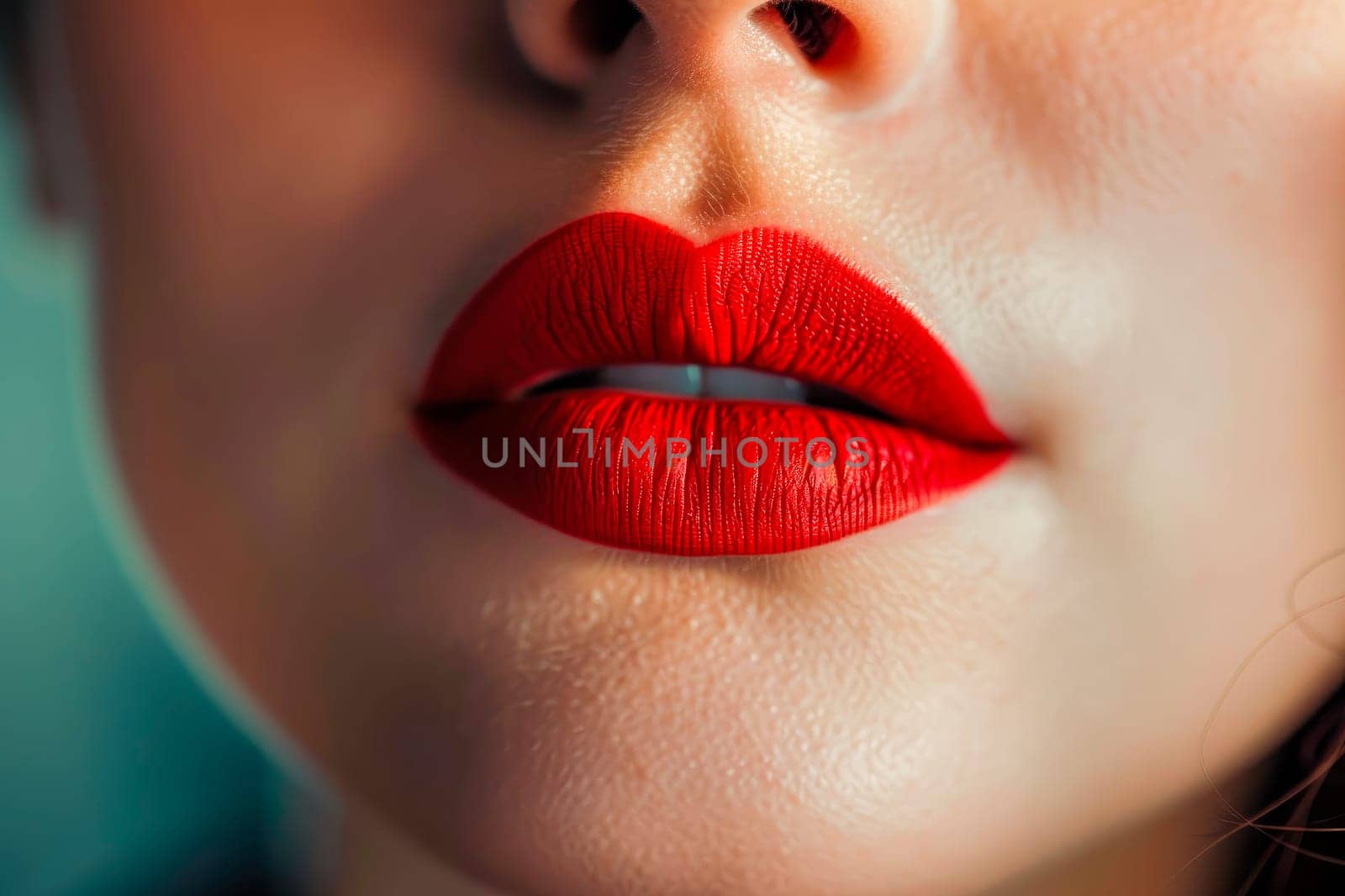 Close-up of woman lips with glossy red lipstick. AI generated