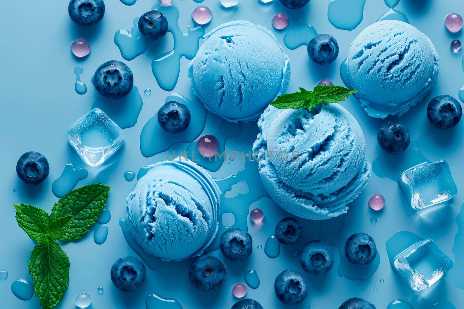Blue ice cream with blueberries,mint leaves and ice cubes. Temptation of ice cream. AI generated