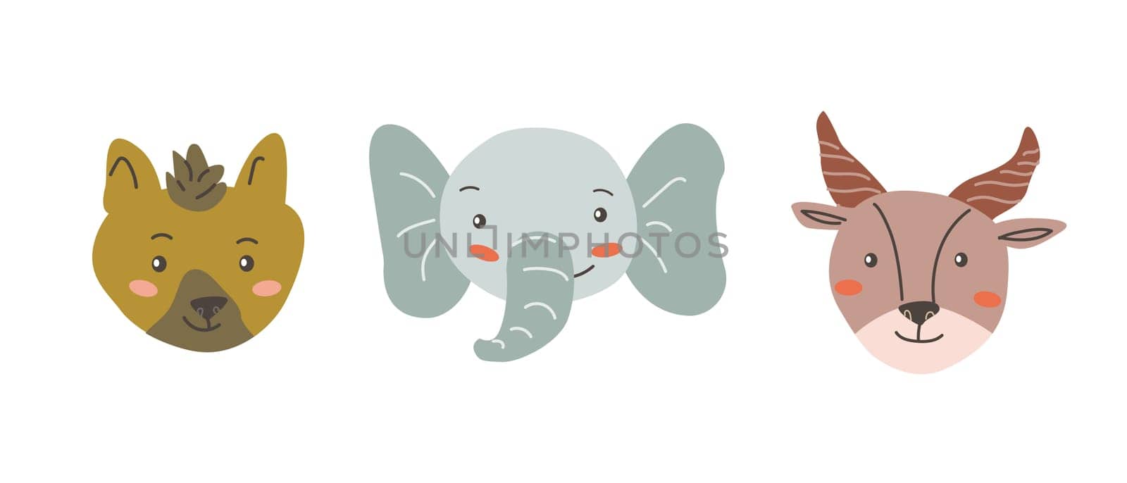 African animals faces set. Cute doodle animal portraits. Hand drawn characters. Tropical and jungle cartoon heads of hyena, elephant and antelope. Wild and exotic pets.
