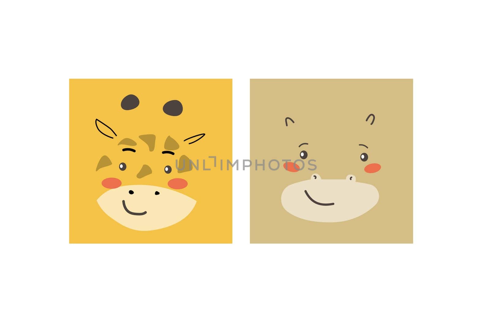 African animals faces set. Cute doodle animal portraits. Hand drawn characters. Tropical and jungle cartoon heads of giraffe and hippo. Wild exotic pets.