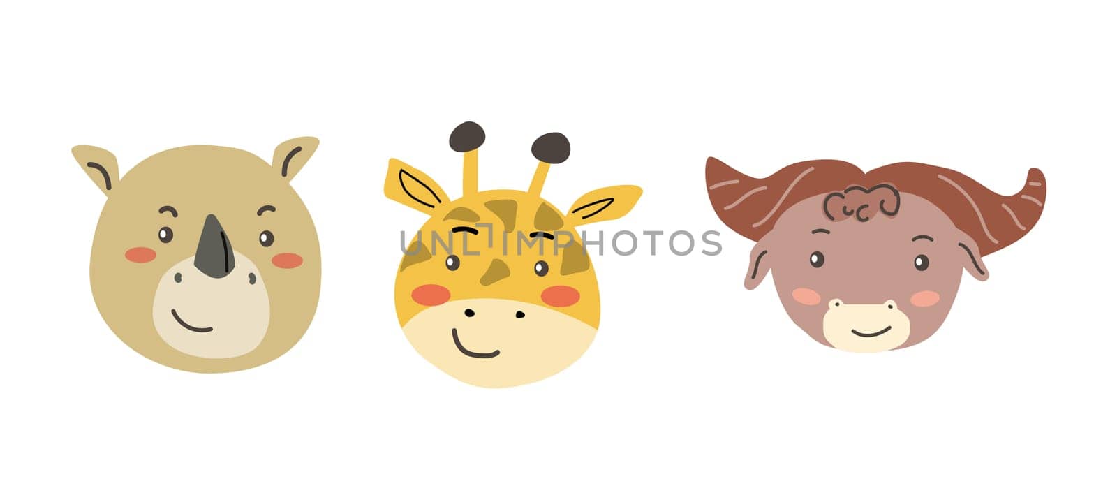 African animals faces set. Cute doodle animal portraits. Hand drawn characters. Tropical and jungle cartoon heads of rhino, giraffe, buffalo. Wild and exotic pets.