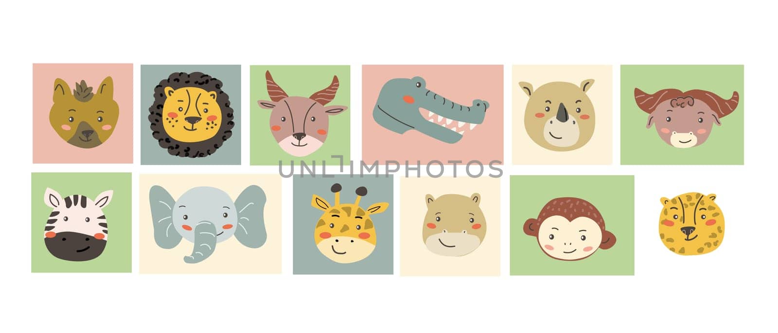 African animals faces set. Cute doodle animal portraits. Hand drawn characters. Tropical and jungle cartoon heads of lion, leopard, hyena, monkey, buffalo. Wild exotic pets set.