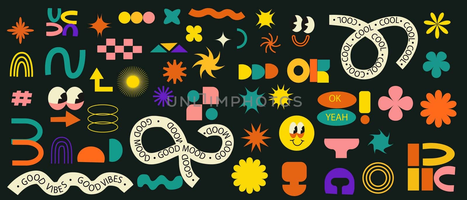 Set of stickers with naive playful abstract shapes. Brutalist set. Circle, oval, rectangle, arched in the trendy retro style. Aesthetics y2k style. Vector illustration with wavy geometric elements.