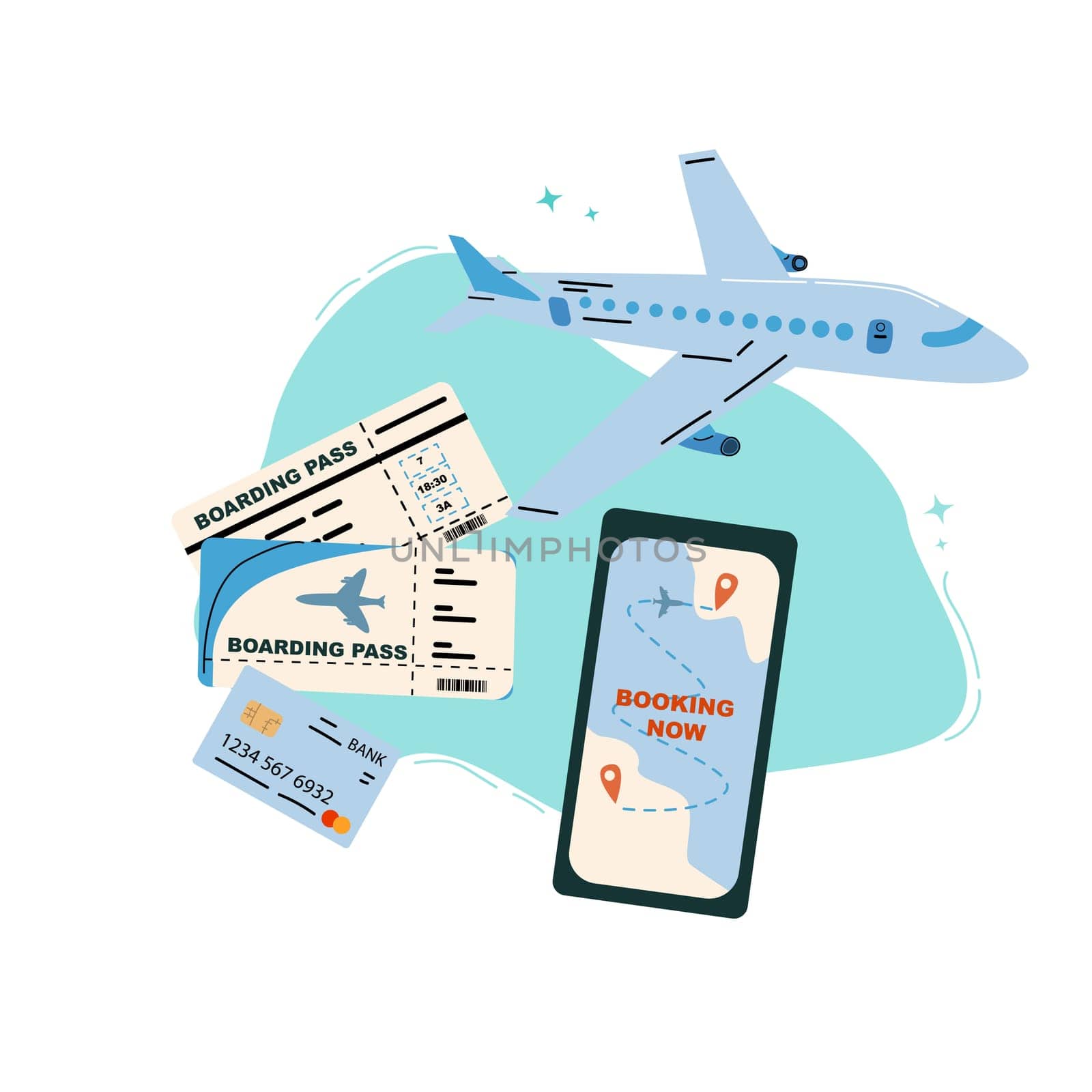 Summer vacation ticket booking concept background. Trip on plane and online service for booking ticket and hotel. Airplane, tickets, passport, phone with map cartoon banner on blue background.