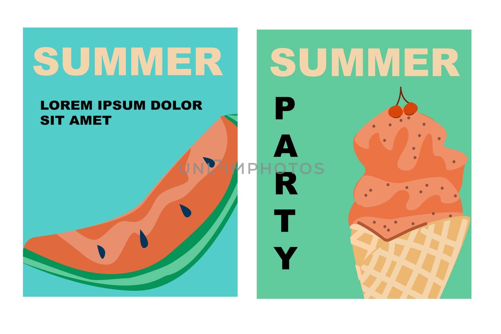Summer vacation design. Set of vector Summer posters. Ice cream and watermelon . Abstract vector background. Perfect background for posters, cover art, flyer, banner.
