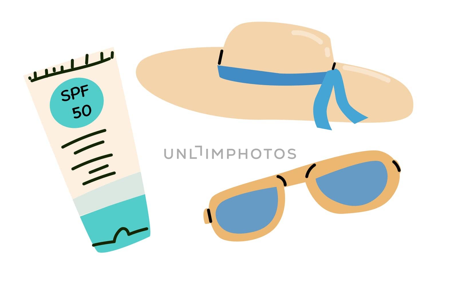 Skin protection set - hat, sunglasses and sunscreen cream. Can used for cosmetic banner or summer vacation background.