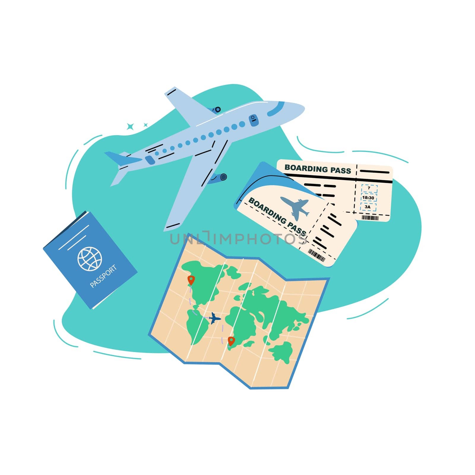 Summer vacation ticket booking concept background. Trip on plane and online service for booking ticket and hotel. Airplane, tickets, passport, phone with map cartoon banner on blue background.