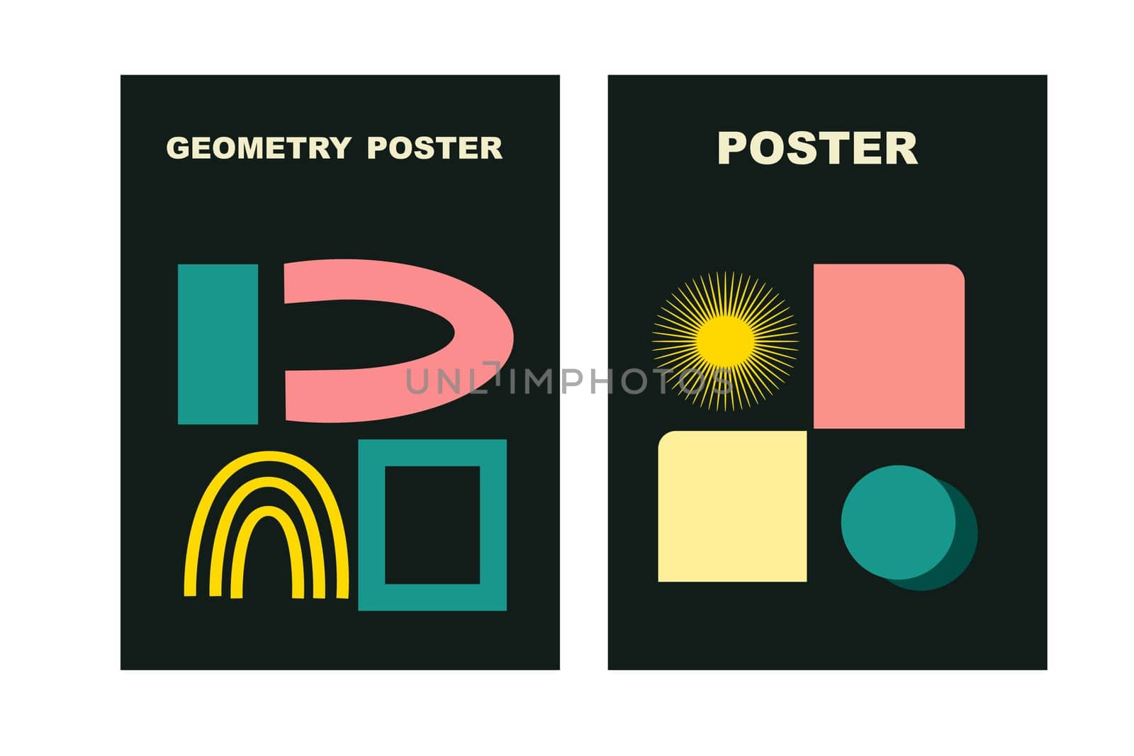 Brutalist posters set with naive playfull shapes and smile stickers. Retro abstract shapes backgrounds. Brutal contemporary figure circle oval wave patterns. Geometric posters in modern brutalist style.