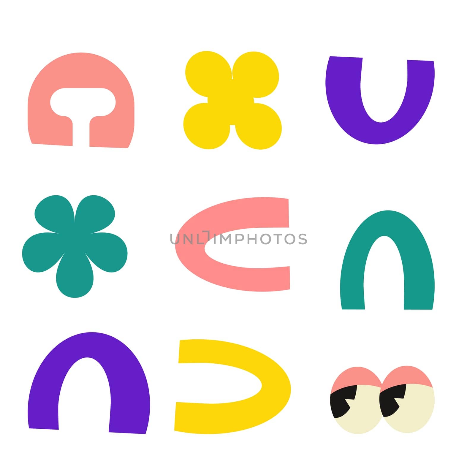 Set of stickers with naive playful abstract shapes. Circle, oval, rectangle, arched in the trendy retro style. Aesthetics background of brutalism. Vector illustration with wavy geometric elements.
