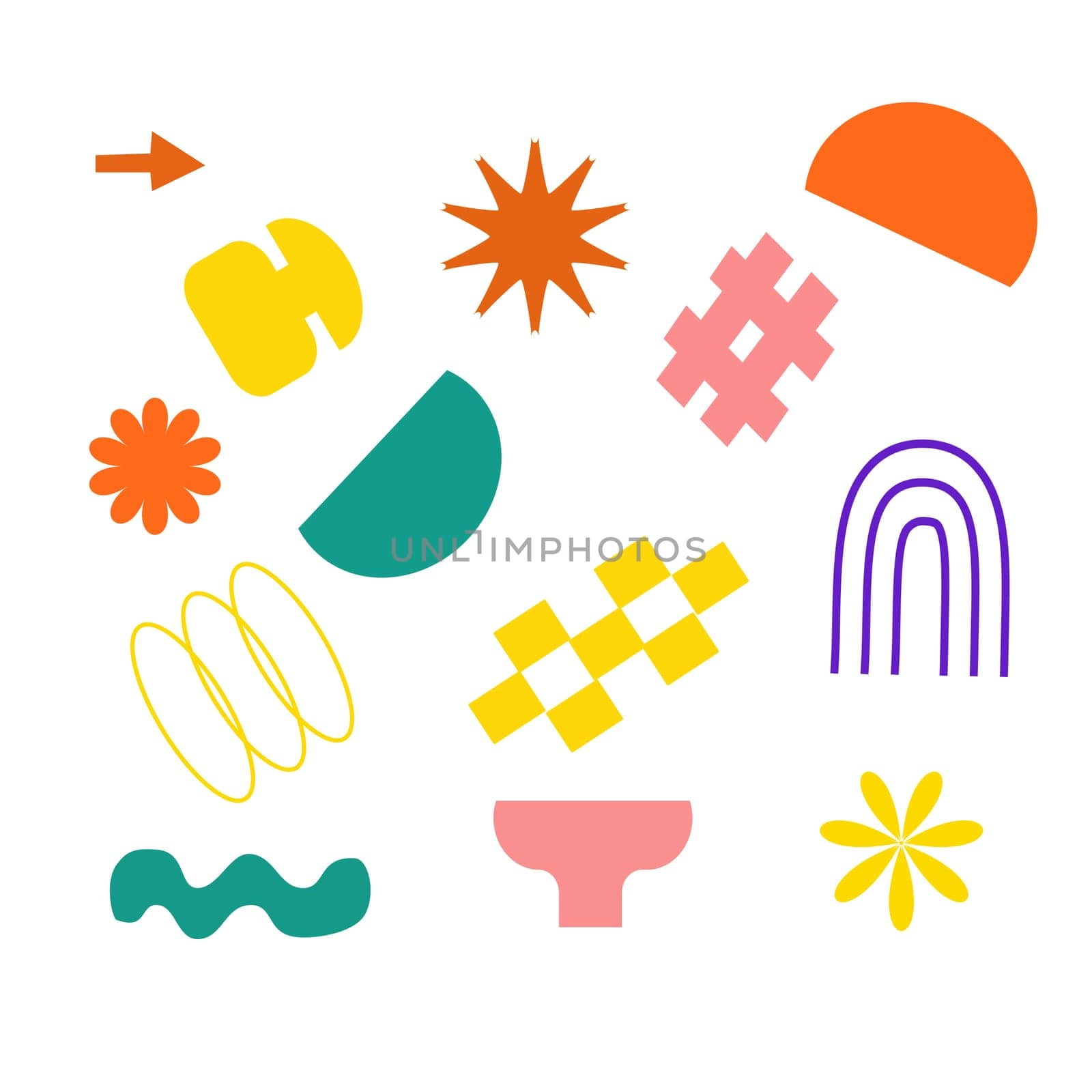 Set of stickers with naive playful abstract shapes. Circle, oval, rectangle, arched in the trendy retro style. Aesthetics background of brutalism. Vector illustration with wavy geometric elements.
