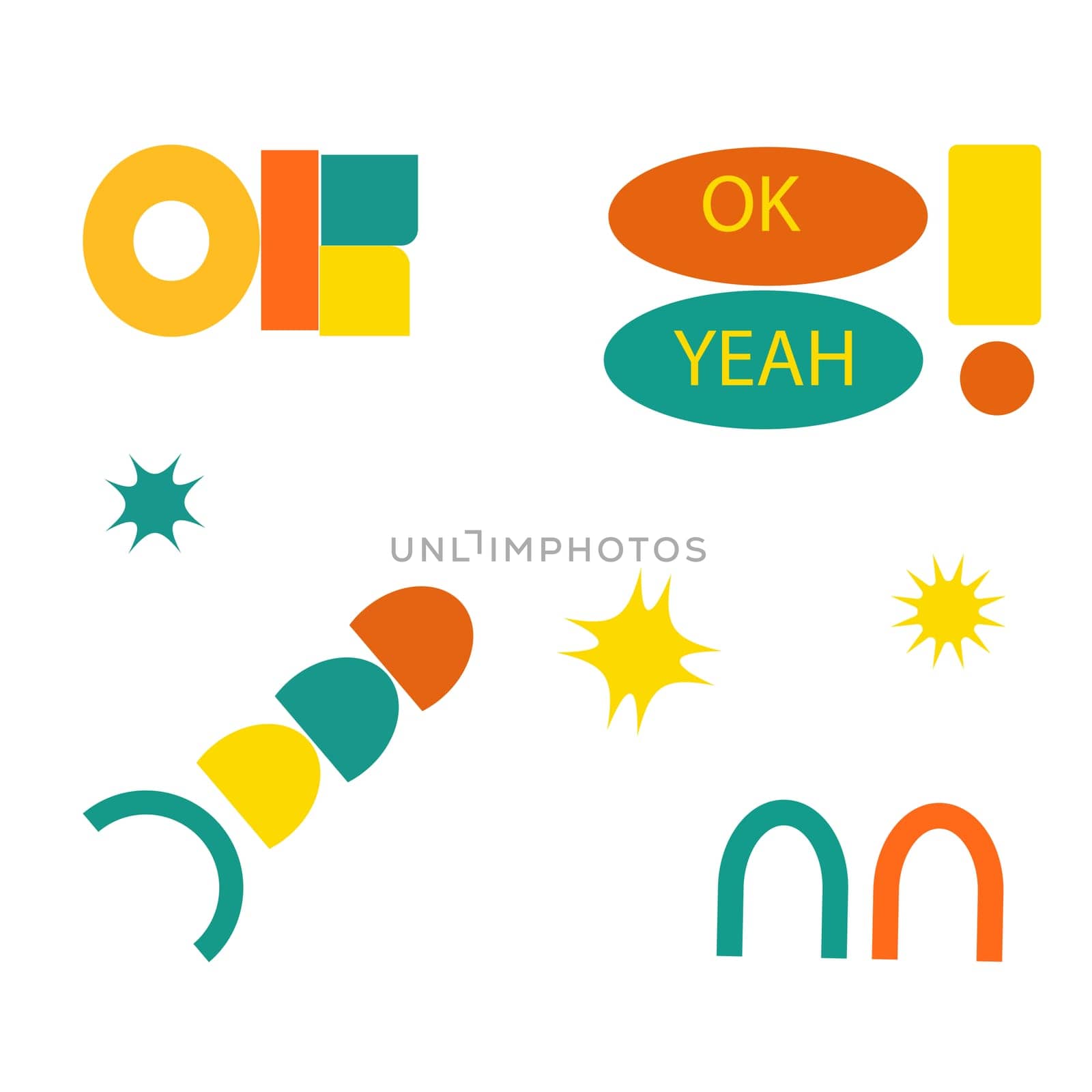 Set of stickers with naive playful abstract shapes. Circle, oval, rectangle, arched in the trendy retro style. Aesthetics background of brutalism. Vector illustration with wavy geometric elements.