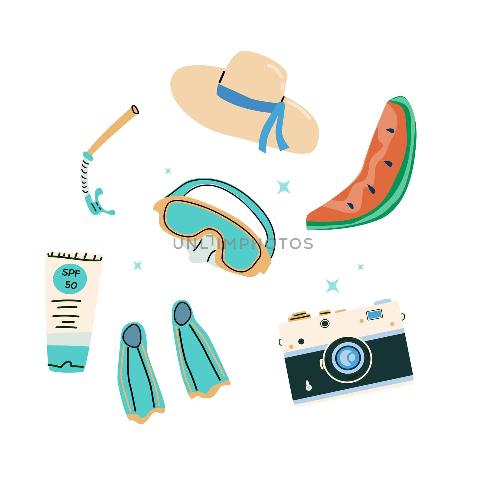 Summer vacation journey elements on blue background. Resort on beach concept design. Camera and protect accessories.