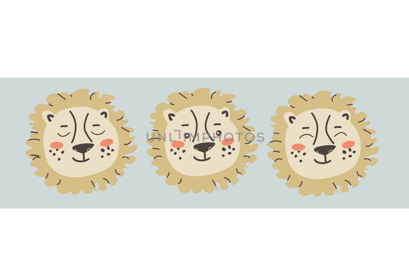 Set of cute lions faces or heads with different emotions for kids. Tropical jungle cartoon character in trendy scandinavian style, portraits of predator in childish style. Can used for posters. textile and prints.