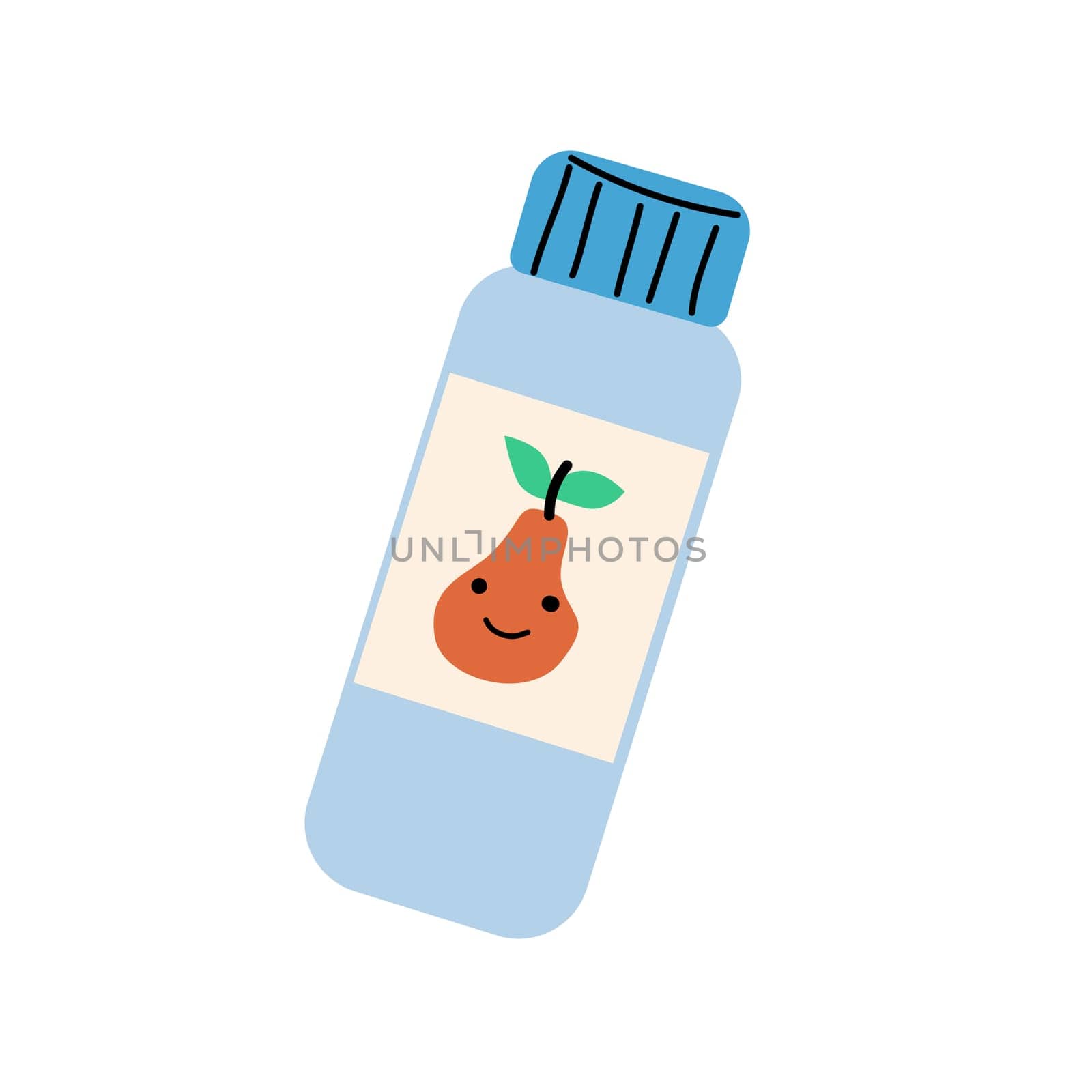 Hand drawn drink bottle with juice and pear label. Can used for cute sticker or poster, cover design. Naive style.