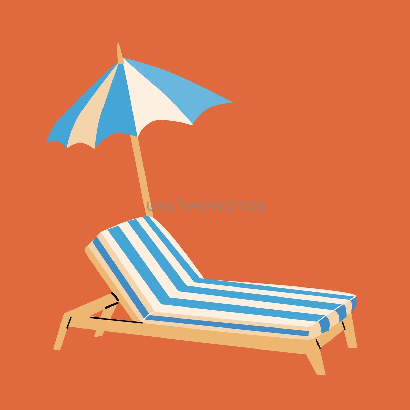 Summer Vacation and journey resort concept background. Beach umbrella and sunbed or outdoor chair on red background